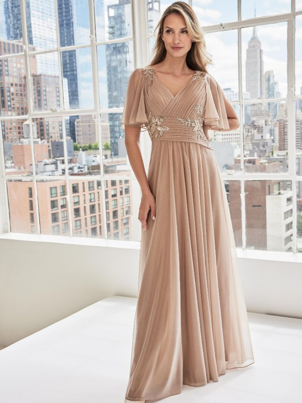 MGNY Bronze Shimmer Mesh Formal Gown with Beaded Applique Flutter Sleeves